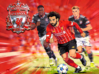 利物浦队徽与球员萨拉赫带球突破 - 萨拉赫在比赛中突破防守