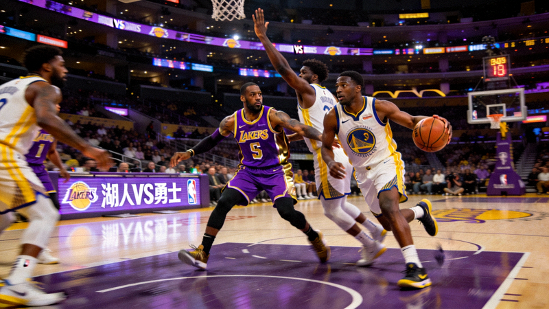 NBA篮球比赛直播画面 - 湖人队与勇士队球员在场上激烈对抗